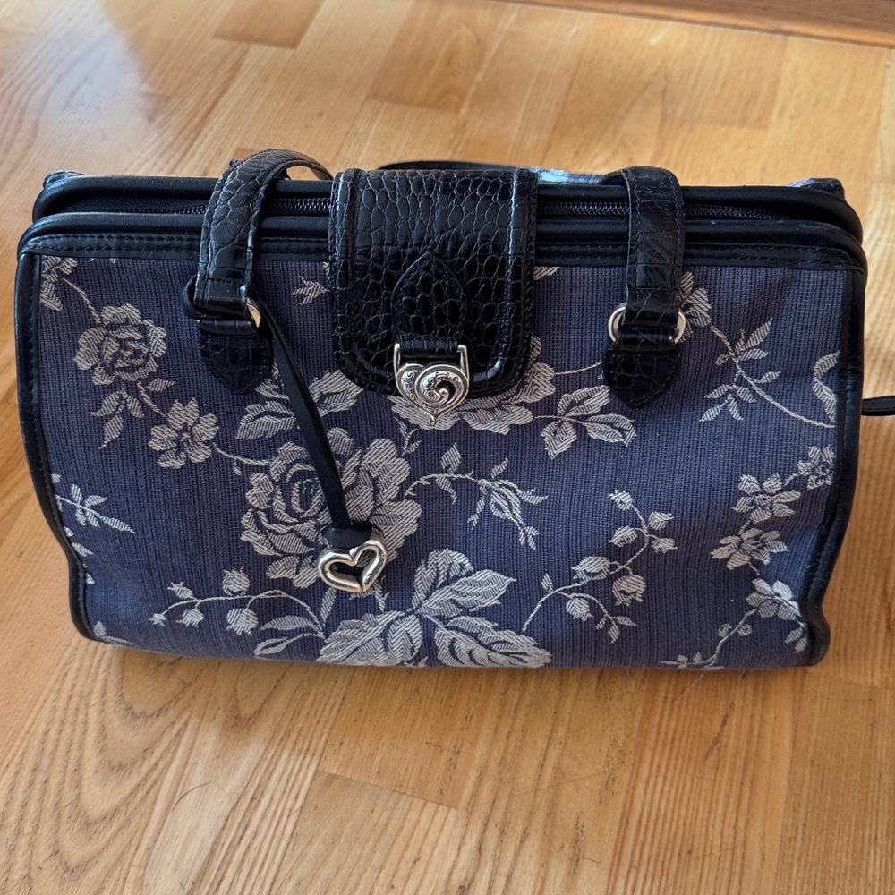 Vintage Brighton Blue Rose Tapestry Large Shoulder Bag Satchel Carry On Zip